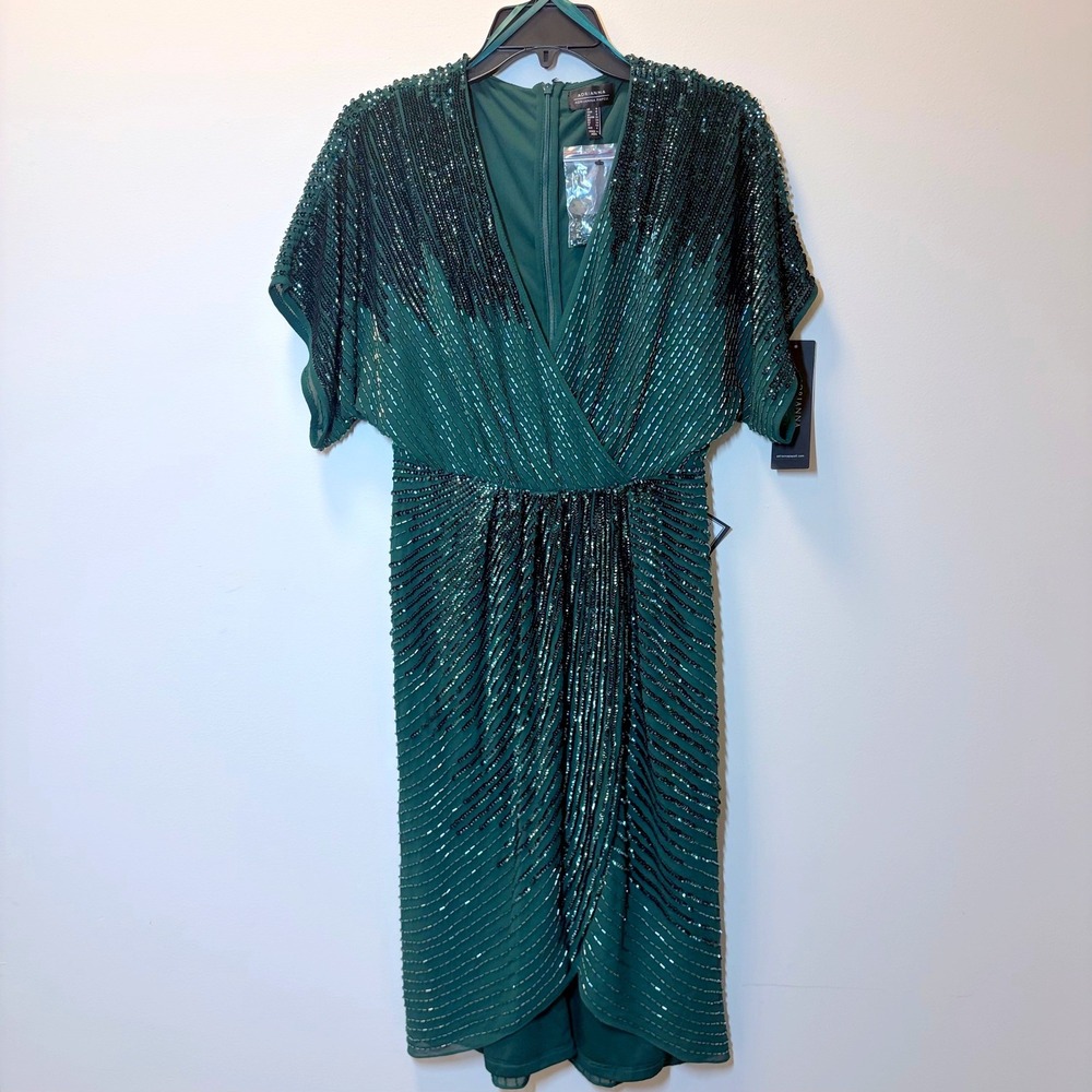 Adrianna Papell Green Beaded Sequin Faux Wrap Cocktail Dress Size 4 NWT